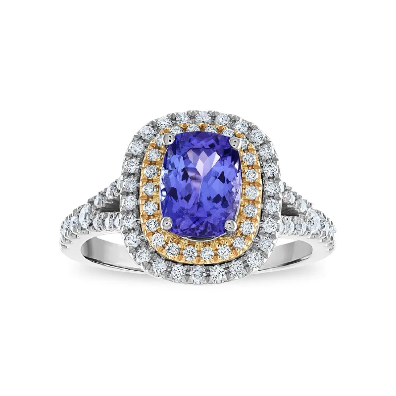 Stunning Statement Jewelry, Unbeatable Discounts 8X6MM Cushion Tanzanite and Diamond Halo Ring in 10KT White and Rose Gold Stunning Statement Jewelry, Unbeatable Discounts 8X6MM Cushion Tanzanite and Diamond Halo Ring in 10KT White and Rose Gold