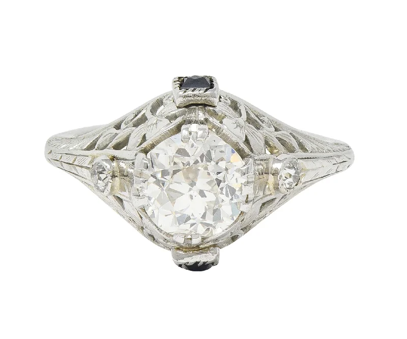 Discounted Jewelry For A Glamorous Look Art Deco 1.27 CTW European Diamond Sapphire 18 Karat White Gold Engagement Ring