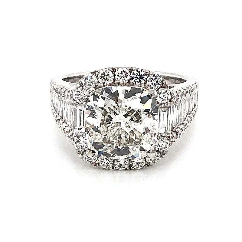 Big Discounts On Elegant Jewelry Collections Cushion Cut Solitaire Halo Ring with Baguette and Round side Diamonds Big Discounts On Elegant Jewelry Collections Cushion Cut Solitaire Halo Ring with Baguette and Round side Diamonds