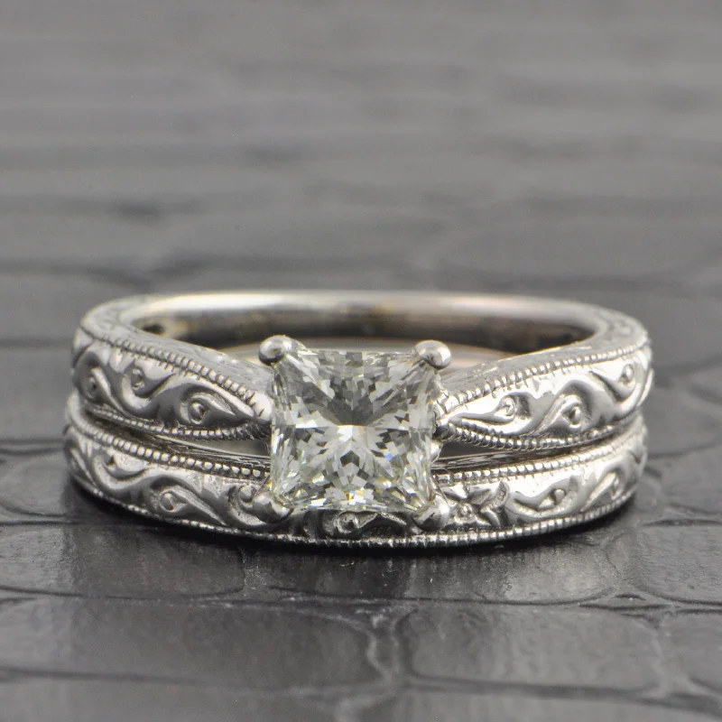Trending Jewelry Styles Now At Limited-Time Discounts Engraved 1.04 ct. Princess Cut Diamond Engagement Ring and Wedding Band Trending Jewelry Styles Now At Limited-Time Discounts Engraved 1.04 ct. Princess Cut Diamond Engagement Ring and Wedding Band