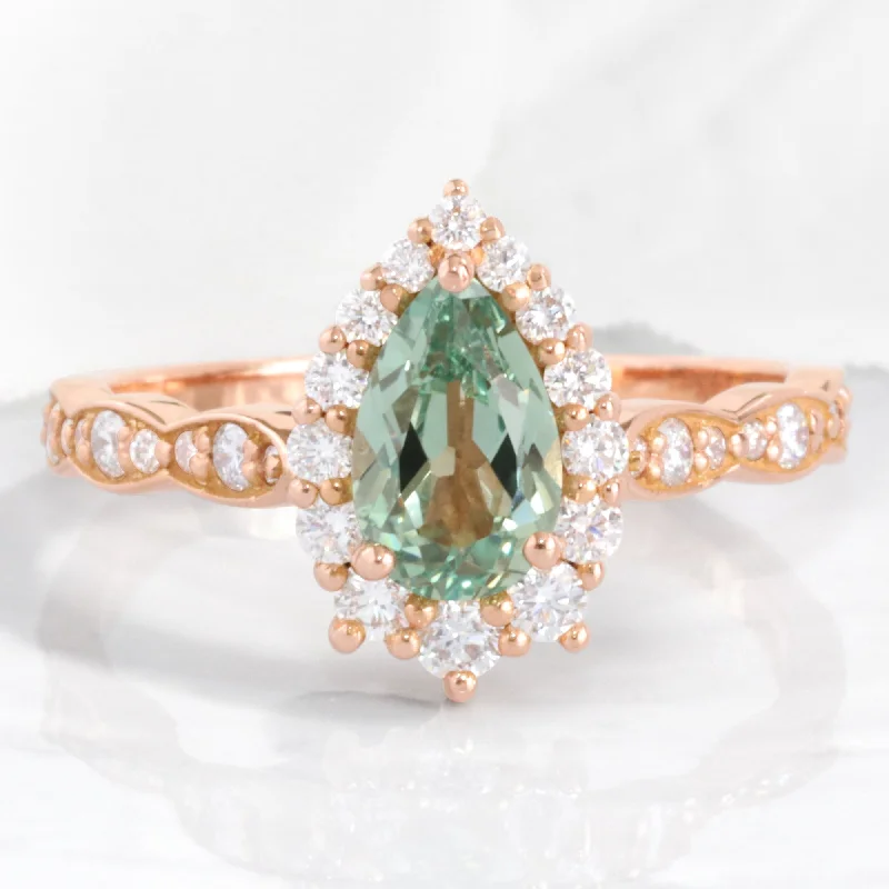 Luxury Jewelry Clearance – Shop Premium Styles Now Pear Seafoam Green Sapphire Ring in Tiara Halo Diamond Scalloped Band Luxury Jewelry Clearance – Shop Premium Styles Now Pear Seafoam Green Sapphire Ring in Tiara Halo Diamond Scalloped Band