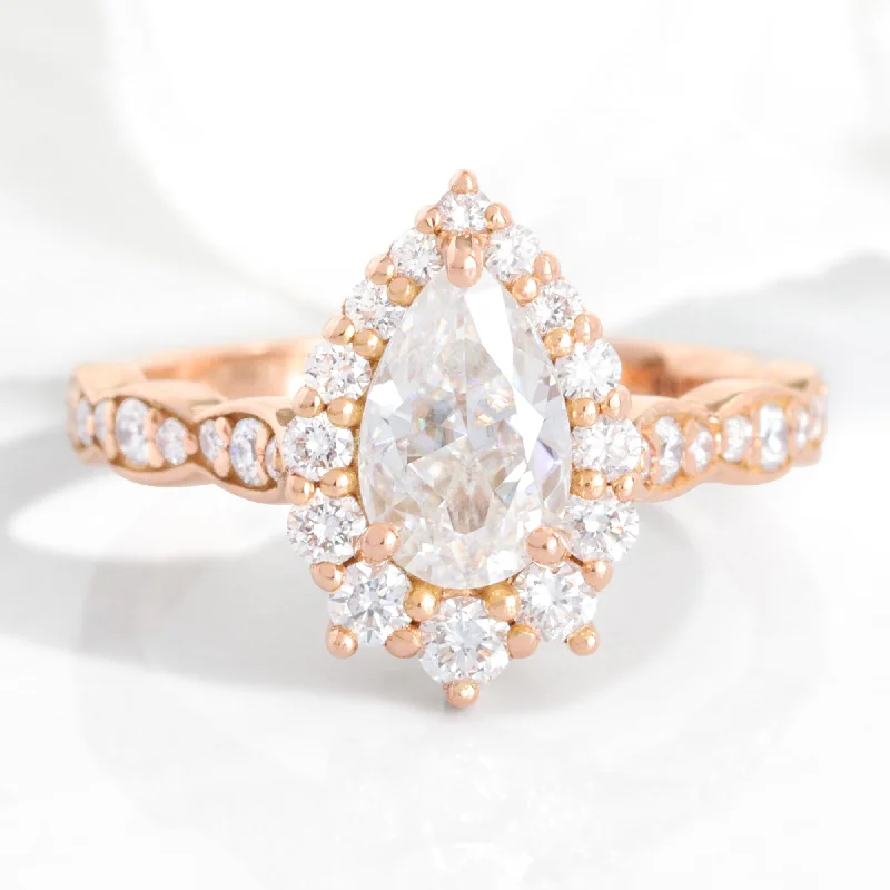 Handcrafted Jewelry Sale – Unique Designs At Low Prices Pear Moissanite Engagement Ring in Tiara Halo Diamond Scalloped Band Handcrafted Jewelry Sale – Unique Designs At Low Prices Pear Moissanite Engagement Ring in Tiara Halo Diamond Scalloped Band