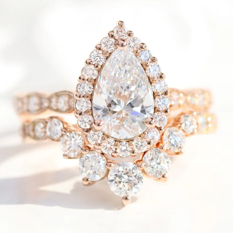 Delicate Crystal Jewelry For Sophisticated Charm 2.37 Ct Pear Diamond Halo Ring Set w/ Lab Diamond and Large 7 Stone Scalloped Band Delicate Crystal Jewelry For Sophisticated Charm 2.37 Ct Pear Diamond Halo Ring Set w/ Lab Diamond and Large 7 Stone Scalloped Band