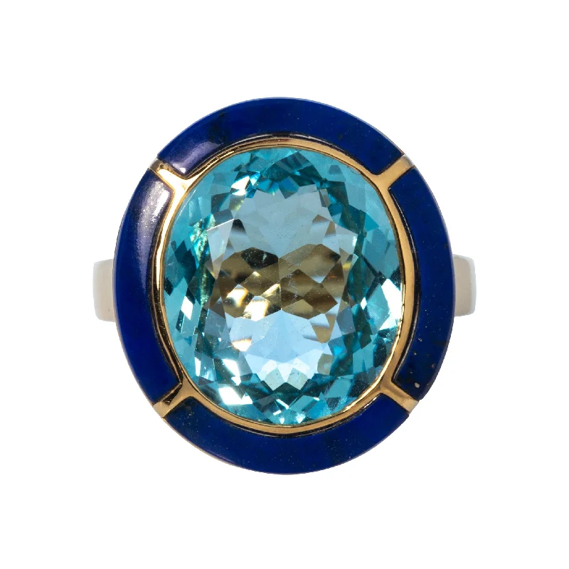 Elegant Jewelry Pieces At Unbelievable Prices Goshwara Oval Blue Topaz & Lapis Lazuli Inlay 18K Gold Ring