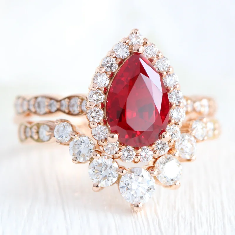 Don't Miss Our Biggest Jewelry Sale Of The Season Luna Halo Pear Ring Bridal Set w/ Ruby and Large 7 Diamond U Scalloped Band Don't Miss Our Biggest Jewelry Sale Of The Season Luna Halo Pear Ring Bridal Set w/ Ruby and Large 7 Diamond U Scalloped Band