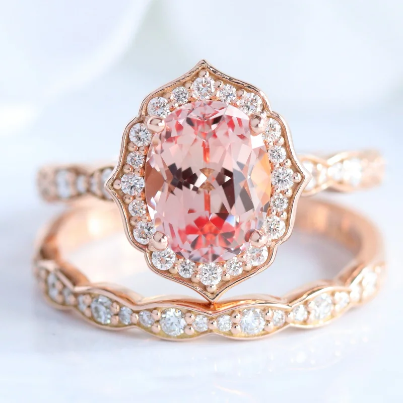 Special Offers On Handcrafted And Designer Jewelry Large Vintage Floral Oval Ring Set w/ Champagne Peach Sapphire and Diamond Special Offers On Handcrafted And Designer Jewelry Large Vintage Floral Oval Ring Set w/ Champagne Peach Sapphire and Diamond