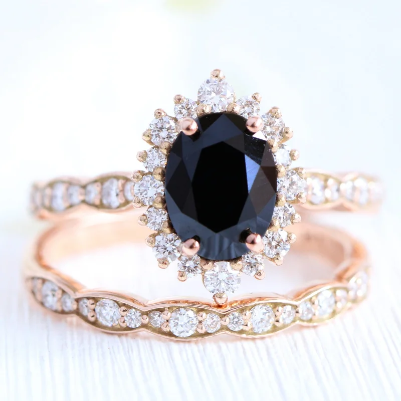 Exclusive Jewelry Bundles At Discounted Prices Tiara Halo Oval Black Diamond Ring Set w/ Matching Diamond Scalloped Wedding Band Exclusive Jewelry Bundles At Discounted Prices Tiara Halo Oval Black Diamond Ring Set w/ Matching Diamond Scalloped Wedding Band