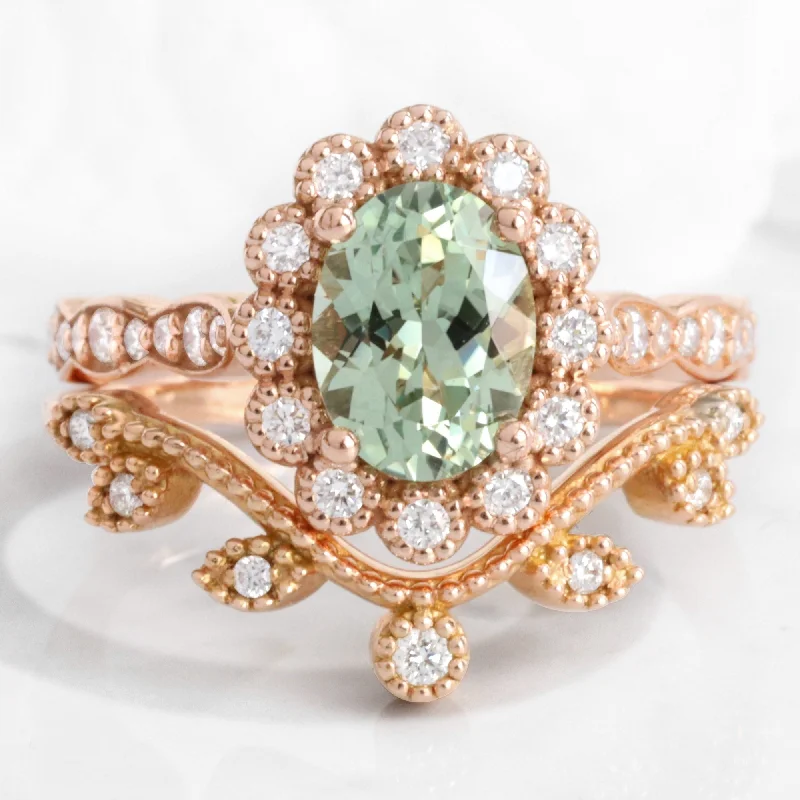 Best-Selling Jewelry Now Available At Special Deals Oval Green Sapphire Ring Bridal Set w/ Leaf Diamond Band in Vintage Luna Halo Best-Selling Jewelry Now Available At Special Deals Oval Green Sapphire Ring Bridal Set w/ Leaf Diamond Band in Vintage Luna Halo