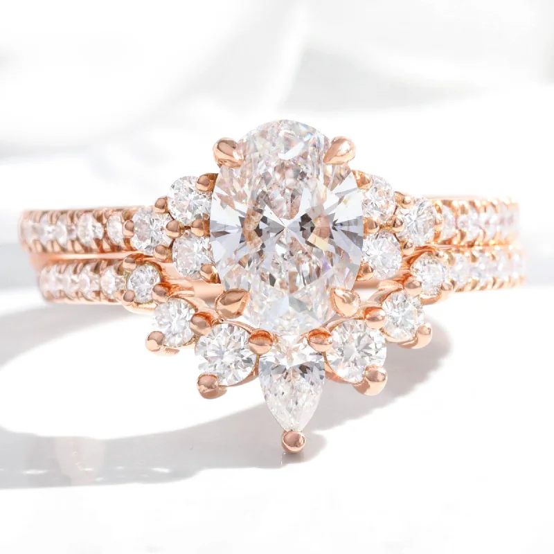 Chic And Stylish Jewelry At Exclusive Prices 1.94 Ct. Oval Lab Diamond 3 Stone Ring Set w/ Crescent Wedding Band in Stella Setting Chic And Stylish Jewelry At Exclusive Prices 1.94 Ct. Oval Lab Diamond 3 Stone Ring Set w/ Crescent Wedding Band in Stella Setting