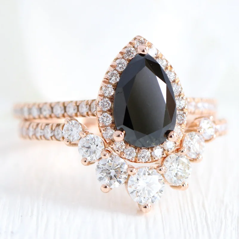 Customized Silver Jewelry For Unique Style Luna Halo Pear Black Diamond Ring Set w/ Large 7 Diamond in Pave Wedding Band