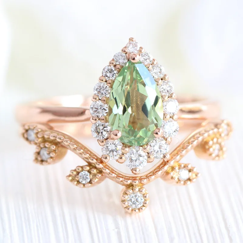 Exclusive Jewelry Sale – Shine For Less Tiara Halo Pear Ring Bridal Set w/ Green Sapphire and Curved Leaf Diamond Band Exclusive Jewelry Sale – Shine For Less Tiara Halo Pear Ring Bridal Set w/ Green Sapphire and Curved Leaf Diamond Band