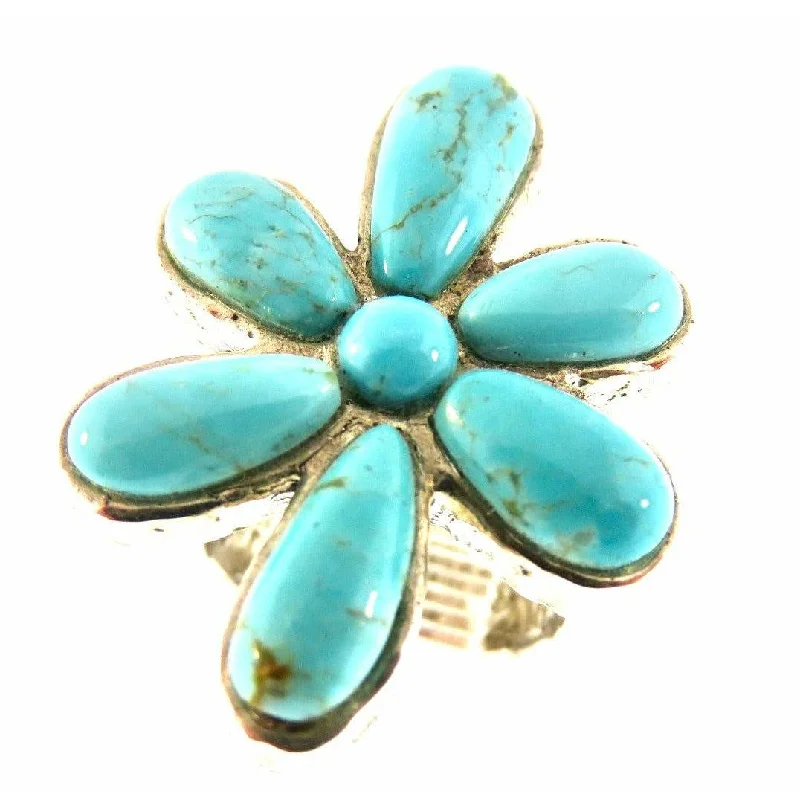 Flash Sale On Exquisite Jewelry – Don't Miss Out Peyote Bird Designs Turquoise Inlay Large Flower Ring