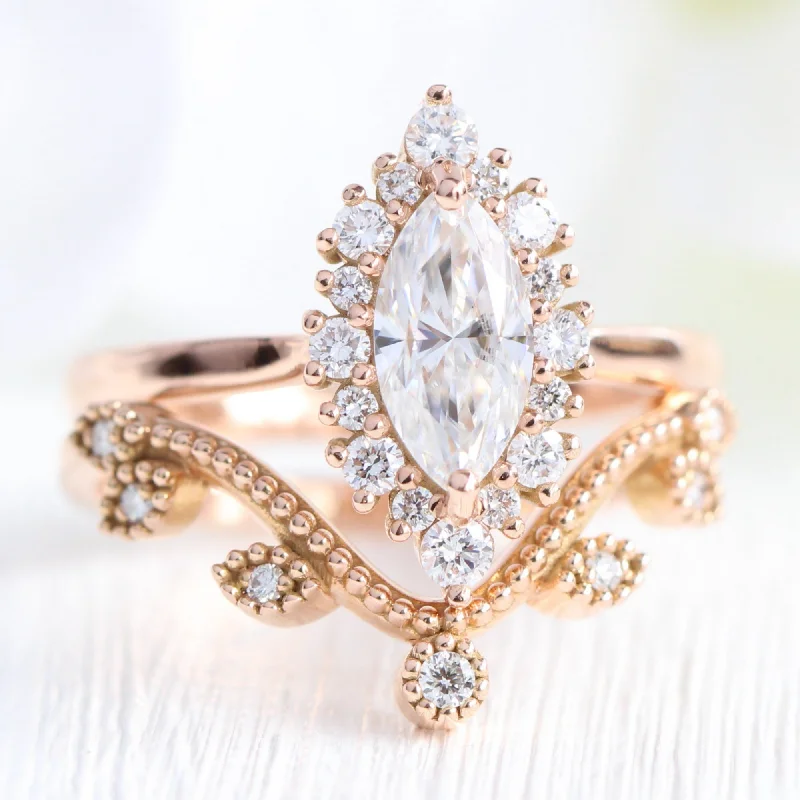 Shop Elegant Jewelry At Unbeatable Prices Tiara Halo Marquise Tapered Ring Set w/ Moissanite and Deep Curved Leaf Diamond Band Shop Elegant Jewelry At Unbeatable Prices Tiara Halo Marquise Tapered Ring Set w/ Moissanite and Deep Curved Leaf Diamond Band