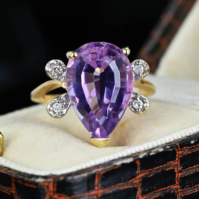Modern Statement Jewelry For Bold Styling Vintage 14K Gold Diamond Wing Pear Cut Amethyst Ring Modern Statement Jewelry For Bold Styling Vintage 14K Gold Diamond Wing Pear Cut Amethyst Ring