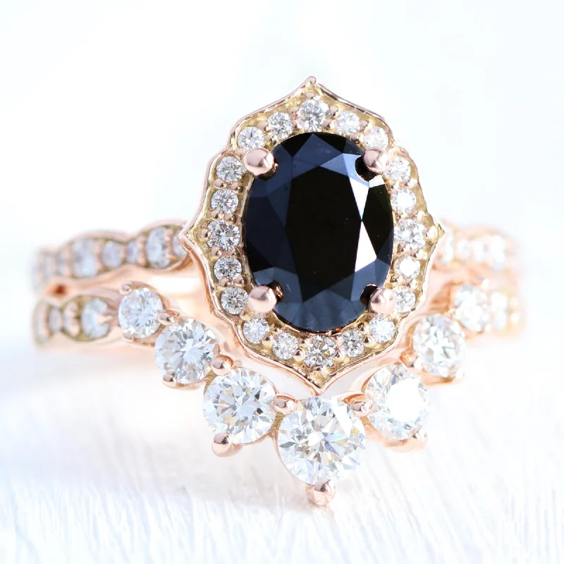 Jewelry Clearance Sale – Final Reductions Vintage Floral Black Diamond Ring Set w/ Large 7 Diamond Curved Scalloped Band Jewelry Clearance Sale – Final Reductions Vintage Floral Black Diamond Ring Set w/ Large 7 Diamond Curved Scalloped Band