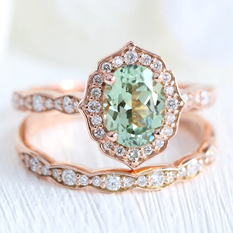 Bestselling Jewelry At Special Promotional Rates Vintage Floral Oval Ring Bridal Set w/ Sea Foam Green Sapphire and Diamond Bestselling Jewelry At Special Promotional Rates Vintage Floral Oval Ring Bridal Set w/ Sea Foam Green Sapphire and Diamond