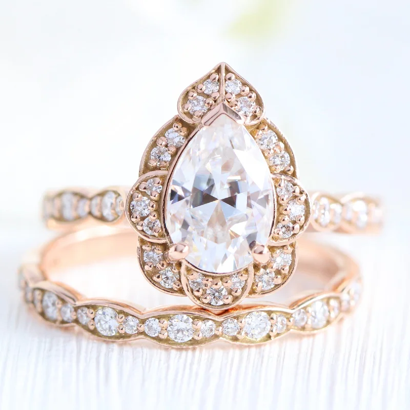 Timeless Jewelry At Special Discount Rates Large Vintage Floral Pear Ring Set w/ Moissanite and Matching Diamond Band Timeless Jewelry At Special Discount Rates Large Vintage Floral Pear Ring Set w/ Moissanite and Matching Diamond Band