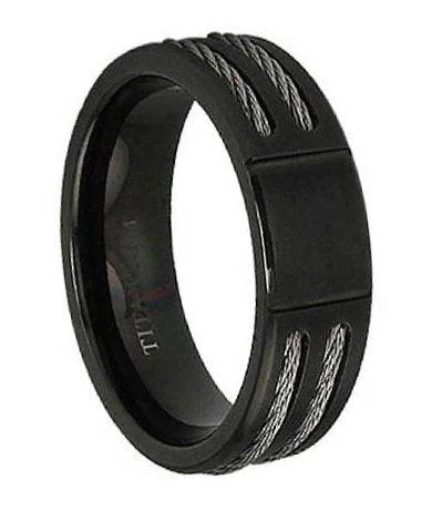 Luxury Jewelry Sale – Sparkle For Less Black Titanium Two Cable Ring - 7mm