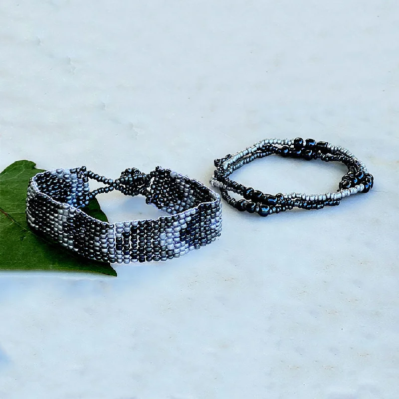 Delicate Crystal Jewelry For Sophisticated Charm Geo Beaded Bracelet, Set of Two - Gray Mix, Guatemala Delicate Crystal Jewelry For Sophisticated Charm Geo Beaded Bracelet, Set of Two - Gray Mix, Guatemala