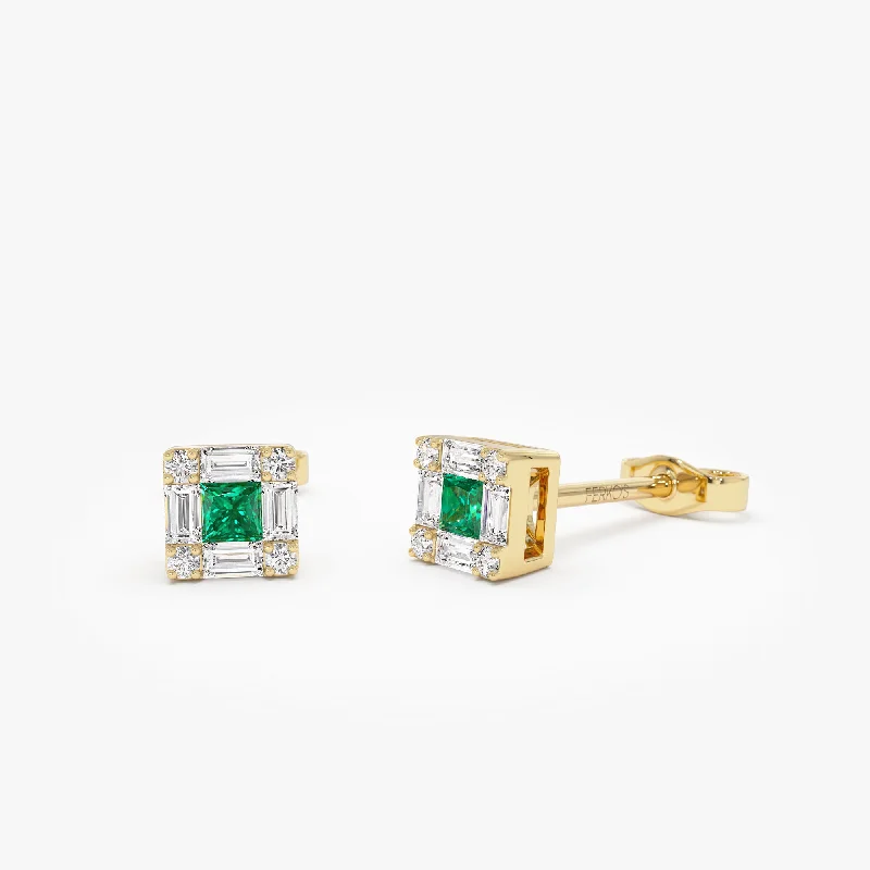 Special Deals On Handcrafted And Designer Jewelry 14K Princess-Cut Emerald Stud Earrings with Diamond Halo