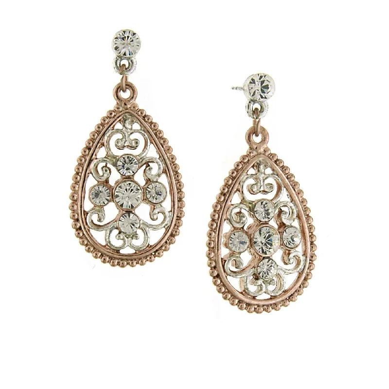 Sparkle On A Budget – Fine Jewelry For Less 1928 Jewelry Silver & Rose Gold Tone Filigree Crystal Post Drop Earrings Sparkle On A Budget – Fine Jewelry For Less 1928 Jewelry Silver & Rose Gold Tone Filigree Crystal Post Drop Earrings
