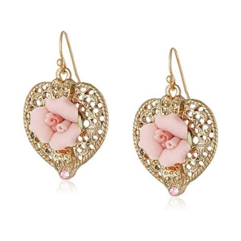 Bohemian-Inspired Jewelry For Free-Spirited Fashion 1928 Bridal Pink Crystal And Porcelain Rose Filigree Heart Earrings Bohemian-Inspired Jewelry For Free-Spirited Fashion 1928 Bridal Pink Crystal And Porcelain Rose Filigree Heart Earrings