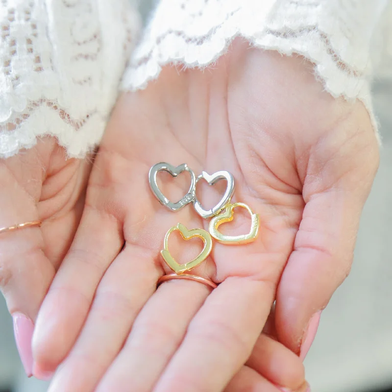 Handcrafted Jewelry Sale – Unique Designs At Low Prices TAKE HEART - Sterling Silver or 18k Gold Heart Huggie Earrings