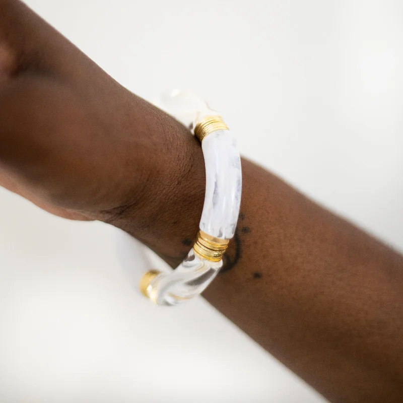 Timeless Jewelry, Timeless Savings – Don't Wait Acrylic + Gold Bamboo Bracelet: White + Clear
