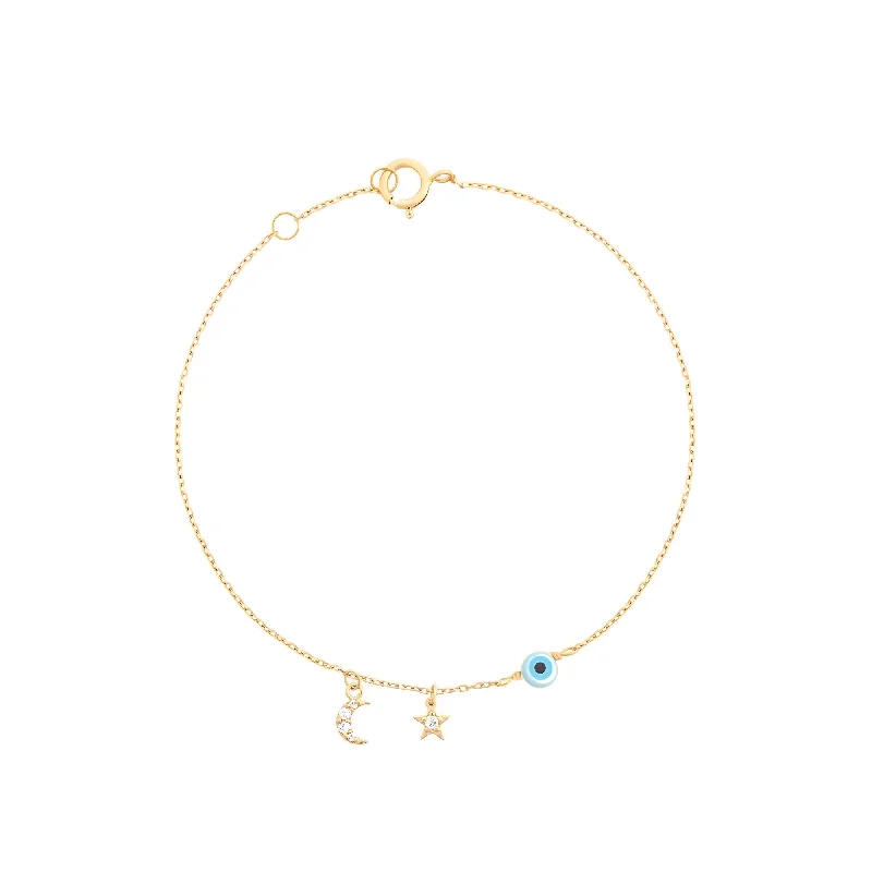 Exclusive Jewelry Sale – Shine For Less Star Evil Eye Half Moon 18K Gold Bracelet w. Diamonds