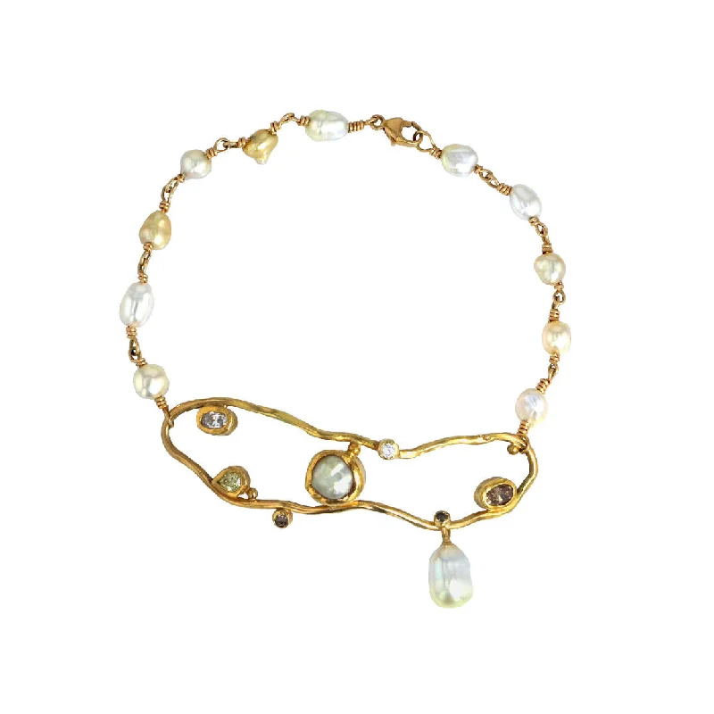 Timeless Elegance At Unbelievable Discounts Cloud Keshi 18K & 22K Gold Bracelet w. Diamonds & Pearls