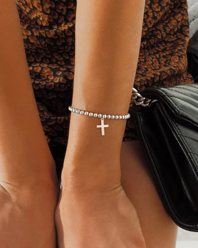 Shop Dazzling Jewelry At The Best Prices Cross Large Beaded Bracelet  - Sterling Silver