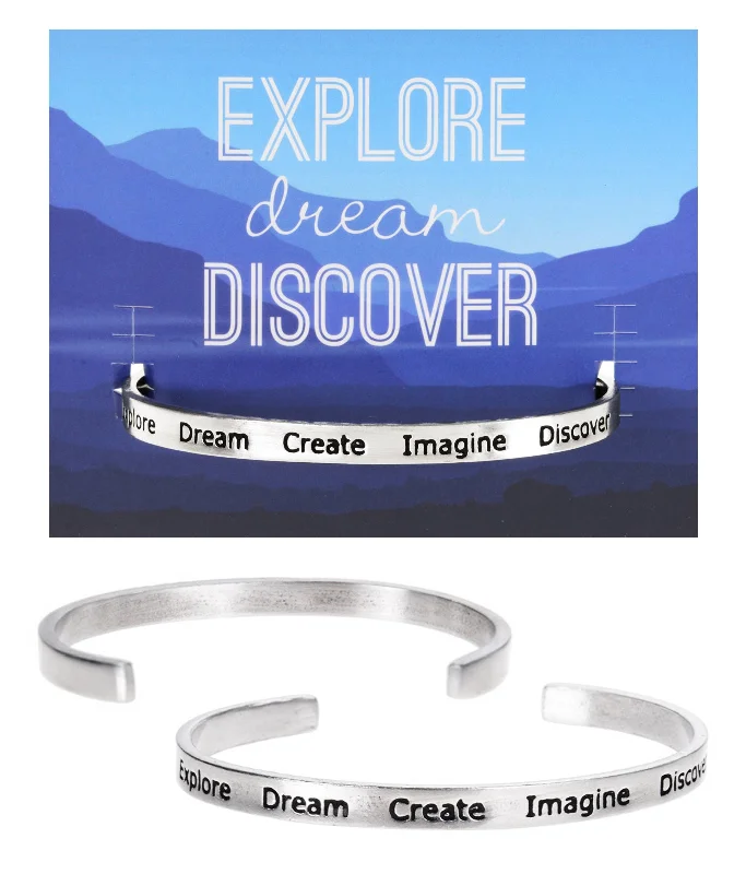 Trendy Minimalist Jewelry For Everyday Wear Explore-Dream-Create Imagine Discover Quotable Cuff Bracelet Trendy Minimalist Jewelry For Everyday Wear Explore-Dream-Create Imagine Discover Quotable Cuff Bracelet
