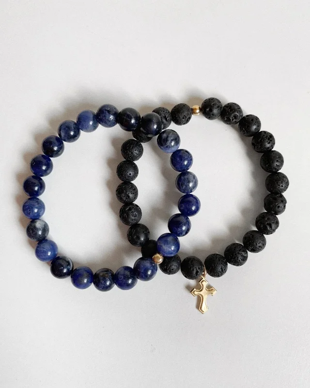 Exclusive Jewelry Offers – Shine For Less Lava And Sodalite Flared Cross Beaded Bracelet Set (10% Off)