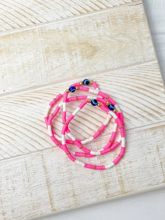 Shine Bright With Our Special Jewelry Promotions Rubber Disc Evil Eye Beaded Stretch Bracelet Stack - Hot Pink Shine Bright With Our Special Jewelry Promotions Rubber Disc Evil Eye Beaded Stretch Bracelet Stack - Hot Pink