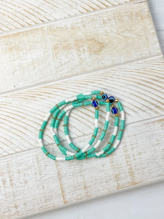 Exclusive Online Jewelry Sale – Don't Wait Rubber Disc Evil Eye Beaded Stretch Bracelet Stack - Mint Exclusive Online Jewelry Sale – Don't Wait Rubber Disc Evil Eye Beaded Stretch Bracelet Stack - Mint