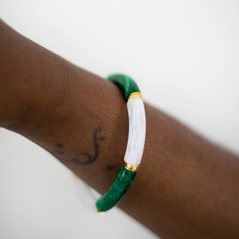 Unmissable Discounts On Timeless Jewelry Pieces Skinny Acrylic Bamboo Bracelet: Green + Alabaster Unmissable Discounts On Timeless Jewelry Pieces Skinny Acrylic Bamboo Bracelet: Green + Alabaster