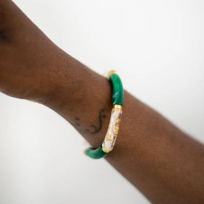 Personalized Jewelry At Special Discount Rates Skinny Acrylic Bamboo Bracelet: Green + Gold Leaf Personalized Jewelry At Special Discount Rates Skinny Acrylic Bamboo Bracelet: Green + Gold Leaf
