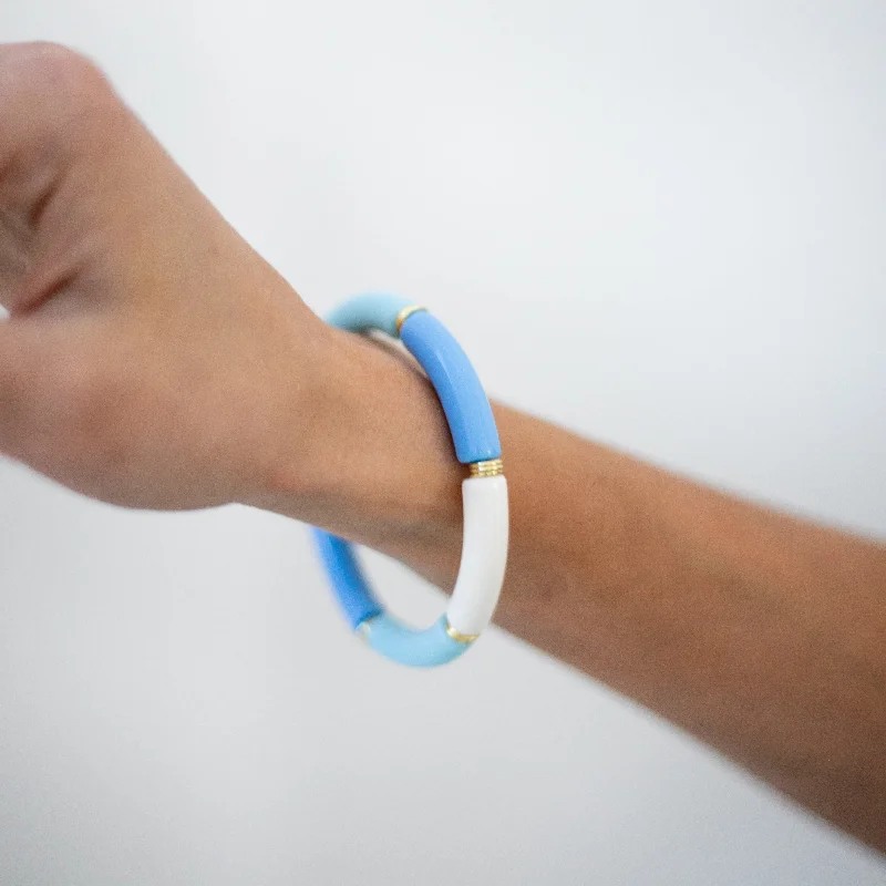 Limited Stock On Premium Jewelry At Low Prices Skinny Acrylic Bamboo Bracelet: Nautical Blue + White Limited Stock On Premium Jewelry At Low Prices Skinny Acrylic Bamboo Bracelet: Nautical Blue + White