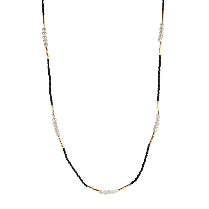 Celebrate Every Occasion With Sparkling Savings Black Seed Bead, 2 Pearl & Gold Vermeil Tube Bead Station Necklace Celebrate Every Occasion With Sparkling Savings Black Seed Bead, 2 Pearl & Gold Vermeil Tube Bead Station Necklace