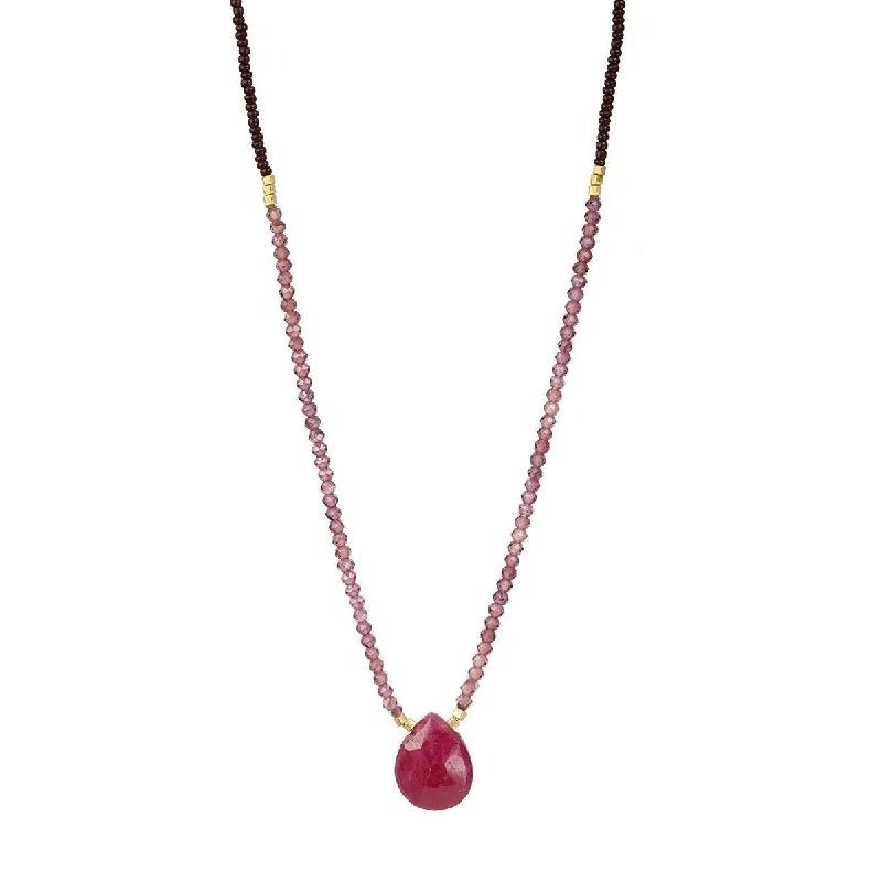 Shine Bright With Our Special Jewelry Promotions Brown Seed, Pink Garnet & Vermeil Beaded Necklace with Center Ruby Briolette Pendant