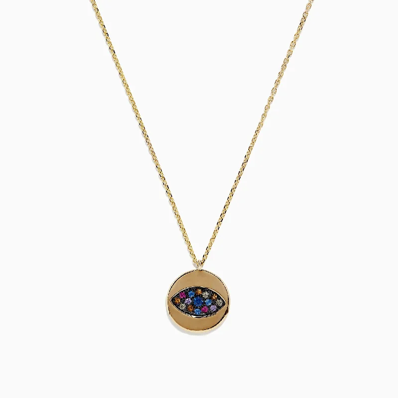 Timeless Jewelry Styles At Wallet-Friendly Prices 14K Yellow Gold Multi Sapphire and Diamond Evil Eye Necklace, 0.29 TCW Timeless Jewelry Styles At Wallet-Friendly Prices 14K Yellow Gold Multi Sapphire and Diamond Evil Eye Necklace, 0.29 TCW