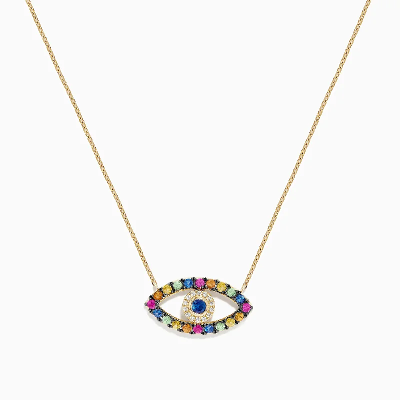 Discounted Luxury Jewelry – Shine Without The Splurge Novelty 14K Yellow Gold Multi Sapphire and Diamond Evil Eye Necklace Discounted Luxury Jewelry – Shine Without The Splurge Novelty 14K Yellow Gold Multi Sapphire and Diamond Evil Eye Necklace