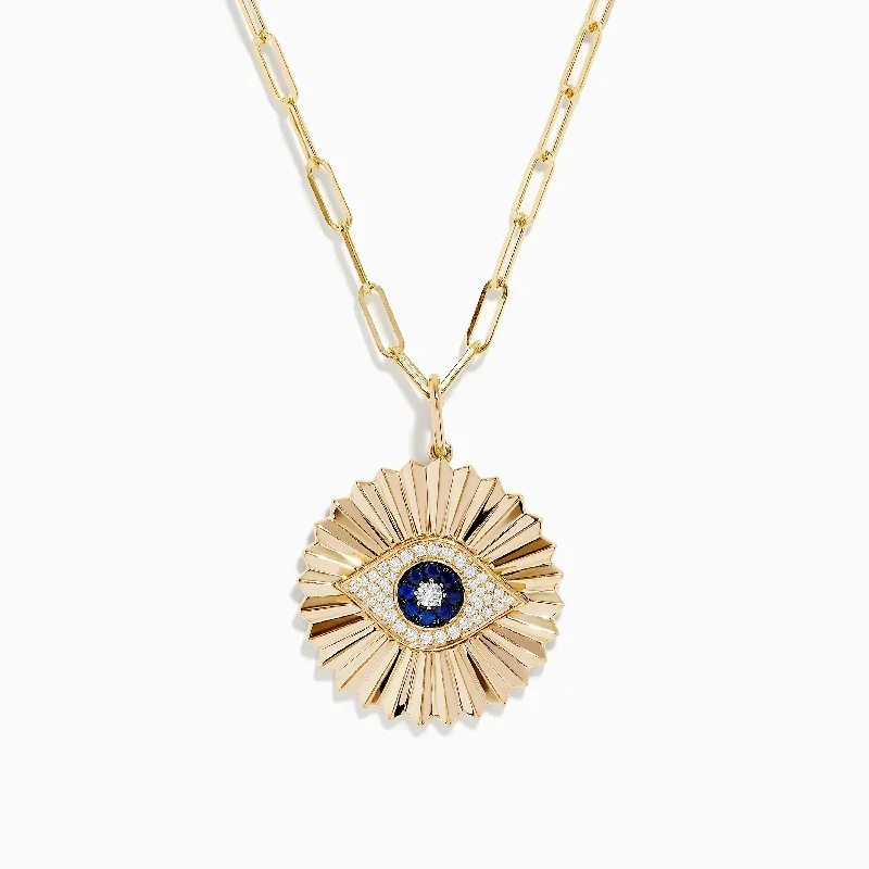 Limited-Stock Jewelry Sale – Once It's Gone, It's Gone Novelty 14K Yellow Gold Sapphire and Diamond Evil Eye Disk Pendant Limited-Stock Jewelry Sale – Once It's Gone, It's Gone Novelty 14K Yellow Gold Sapphire and Diamond Evil Eye Disk Pendant