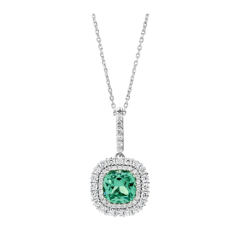 Discounted Luxury Jewelry – Shine Without The Splurge Halo necklace with ocean green simulant and 0.67 carats* of diamond simulants in sterling silver Discounted Luxury Jewelry – Shine Without The Splurge Halo necklace with ocean green simulant and 0.67 carats* of diamond simulants in sterling silver