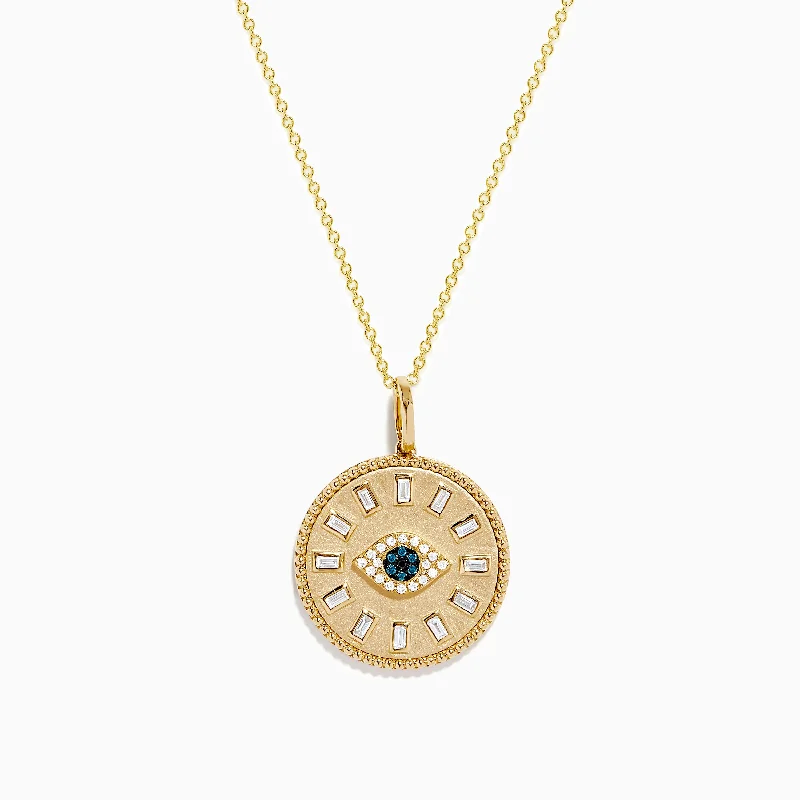 Dazzling Deals On Necklaces, Bracelets, And More Novelty 14K Yellow Gold White, Blue and Black Diamond Evil Eye Pendant Dazzling Deals On Necklaces, Bracelets, And More Novelty 14K Yellow Gold White, Blue and Black Diamond Evil Eye Pendant