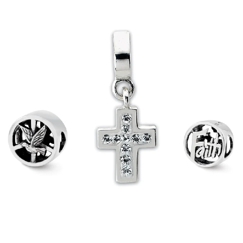Handmade Pearl Jewelry For Timeless Elegance Sterling Silver & Crystal Religious Faith Bead Charm Set of 3 Handmade Pearl Jewelry For Timeless Elegance Sterling Silver & Crystal Religious Faith Bead Charm Set of 3