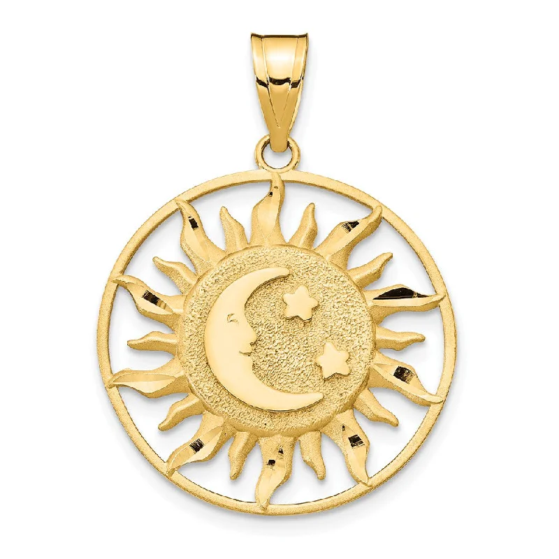 Exclusive Gemstone Jewelry Markdowns – Shop Now 14k Yellow Gold 22mm Sun, Moon and Stars Circle Pendant Exclusive Gemstone Jewelry Markdowns – Shop Now 14k Yellow Gold 22mm Sun, Moon and Stars Circle Pendant