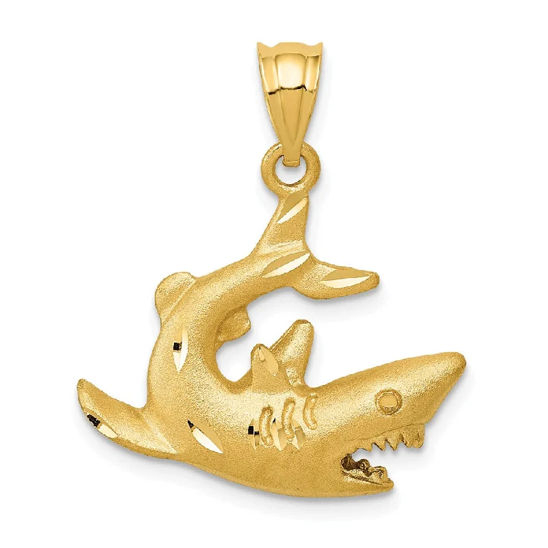 Shop Handcrafted Jewelry At Special Promotional Rates 14k Yellow Gold Diamond-Cut & Satin 2D Shark Pendant, 20mm (3/4 Inch) Shop Handcrafted Jewelry At Special Promotional Rates 14k Yellow Gold Diamond-Cut & Satin 2D Shark Pendant, 20mm (3/4 Inch)