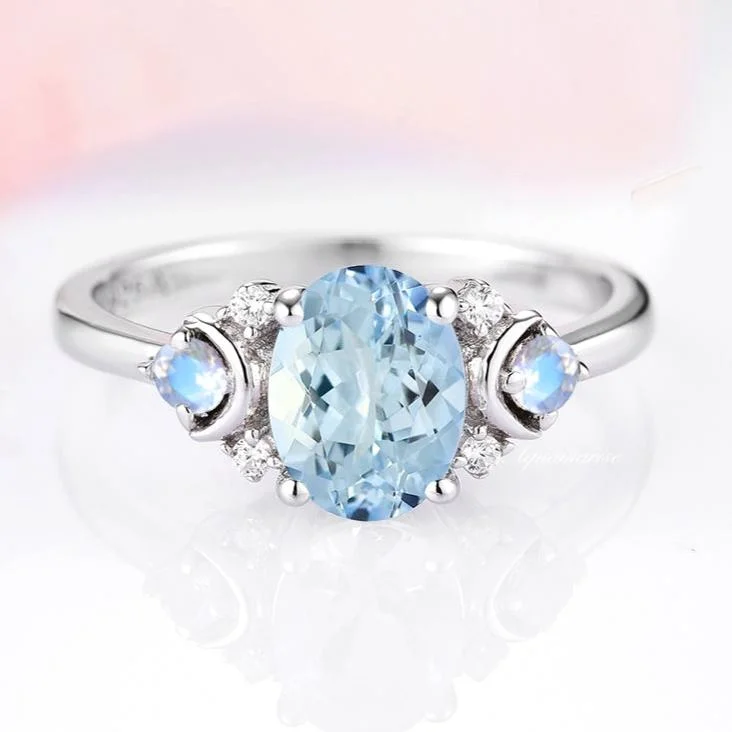 Bestselling Jewelry At Special Promotional Rates Aquamarine & Moonstone Ring- 925 Sterling Silver
