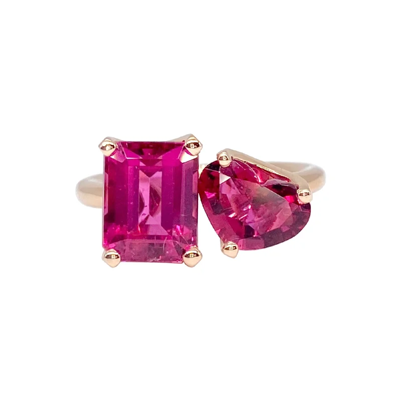 Delicate Crystal Jewelry For Sophisticated Charm Bold 2-Stone Ring with Rubellite Tourmaline Emerald Cut & Heart Delicate Crystal Jewelry For Sophisticated Charm Bold 2-Stone Ring with Rubellite Tourmaline Emerald Cut & Heart